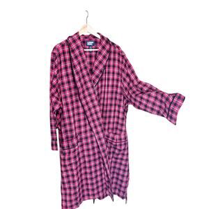 Lands’ End Red Plaid Flannel Robe Shawl Collar Tie Belt 3X lounge 100% cotton
